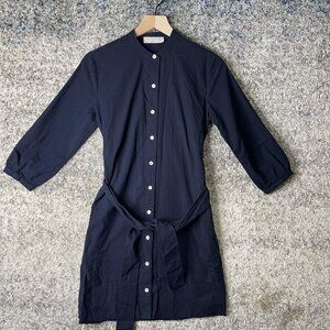 Everlane Shirt Dress Womens 00 Navy Blue Belted Button Down Long Sleeve Pockets